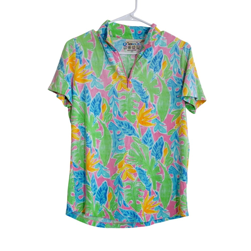 IBKUL Size M Quarter Zip Sun Shirt Pink Tropical UPF 50+ Short Sleeve Top Sporty